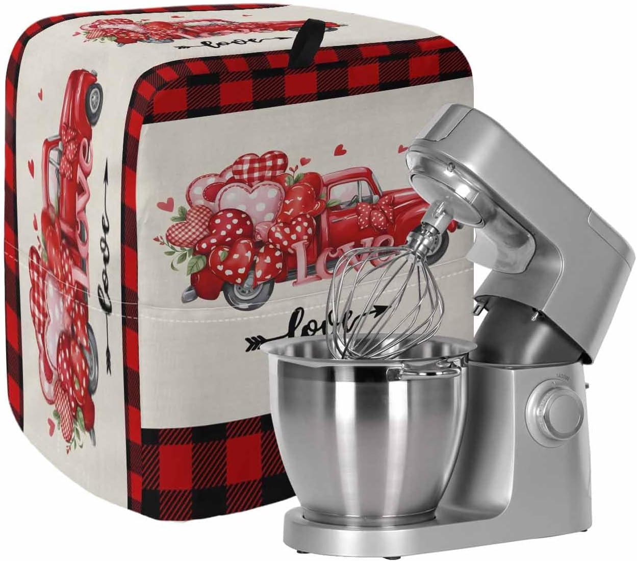 Valentine's Day Stand Mixer Cover with Storage Pocket, Waterproof Kitchen Mixer Covers, Truck Loves Red Plaid Romantic Beige Kitchen Appliance Dust Cover Compatible with 5-8 Quart Mixers