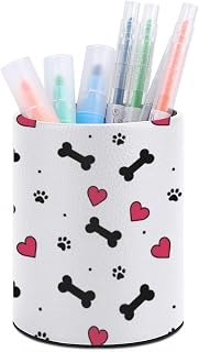 Dog Bones Hearts Paw Prints PU Leather Desktop Storage Bin, Round Desk Organizer Basket for Office Vanity