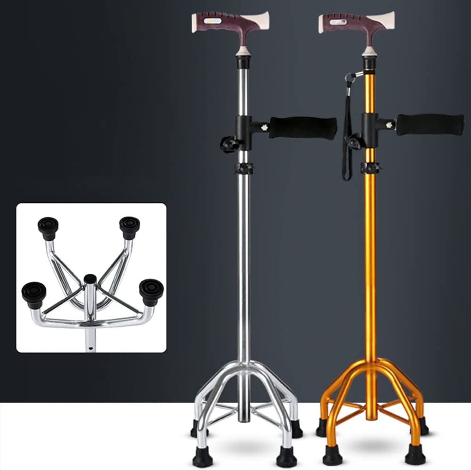Quad Cane z podwójnym uchwytem, aluminiowa laska do chodzenia z regulacją wysokości, dla osób starszych, zawiera 4 zapasowe podkładki pod stopy