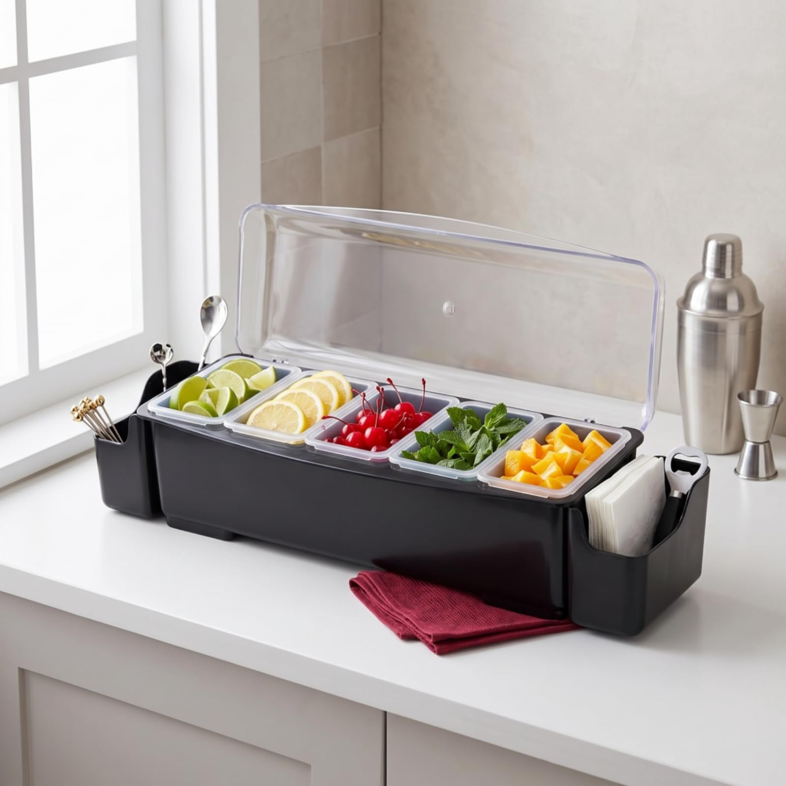 Portacondimenti con Vaschette Estraibili Compatto Organizzatore da Banco con Vaschette Efficiente Porta Condimenti Coperchio per Ristoratori, Contenitore Per Frutta Con 3 Scomparti E Orecchie