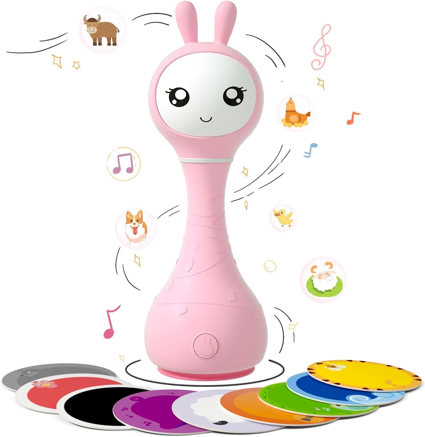 alilo(huohuotu) Smarty Bunny Shake & Tell Newborn Musical Toy Rattle Teether with Color Learning/Music/Song/Bedtime Story, Chew-Safe Luminous Ears, BPA Free for Kids and Baby (Pink)