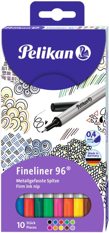 Pelikan Fineliner 96 Pen Set, 0.4mm Tip, Assorted Colors, 10 Colors Per Set (940676)