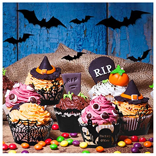 Halloween Cupcake Wrappers - 100 Pcs Halloween Cupcake Liners Black Baking Cups Holders Witch Ghost Castle Bat Spider Web Cupcake Toppers For Halloween Party Decoration #TOP4