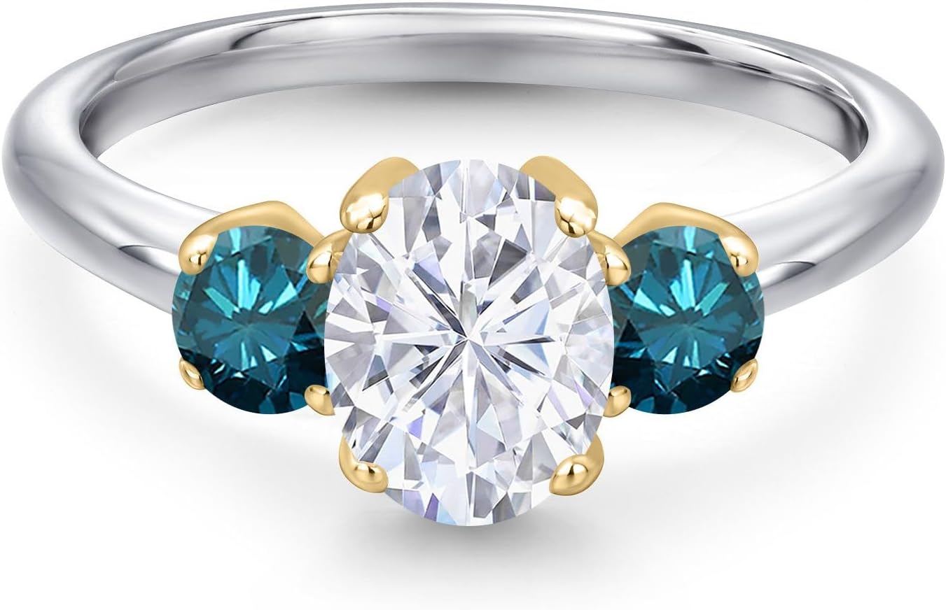 Gem Stone King 925 Silver and 10K Yellow Gold White Moissanite and Blue Diamond Engagement Ring For Women | 2.04 Cttw | Oval 8X6MM | Gemstone Birthstone - Image 3