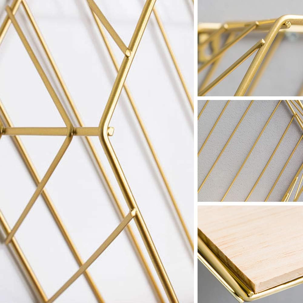 Floating Shelves Wall Mounted Metal Wire Art Hexagon Shelves with Solid Wood Board for Plant Display, Storage Rack & Organiser, Home Decoration Wall Shelf Set of 2 (Gold, Stripes)