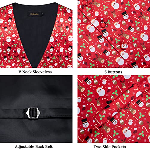 DiBanGu Mens Christmas Suit Vest for Men Holiday Theme Waistcoat Formal Vest and Tie Set with Handkerchief Cufflinks4