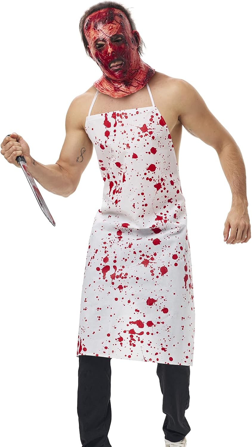 Bloody Butcher Costumes with Horror Zombie Mask for Scary Halloween Adult Creepy Killer Cosplay with Apron Knife