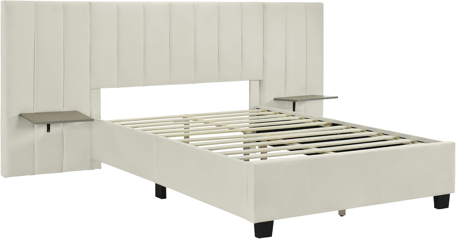Luxurious Full Bed Frame, Platform Bed with Oversized Upholstered Headboard and 2 Storage Shelves, No Box Spring Required, Comfortable Bedroom Furniture.Beige