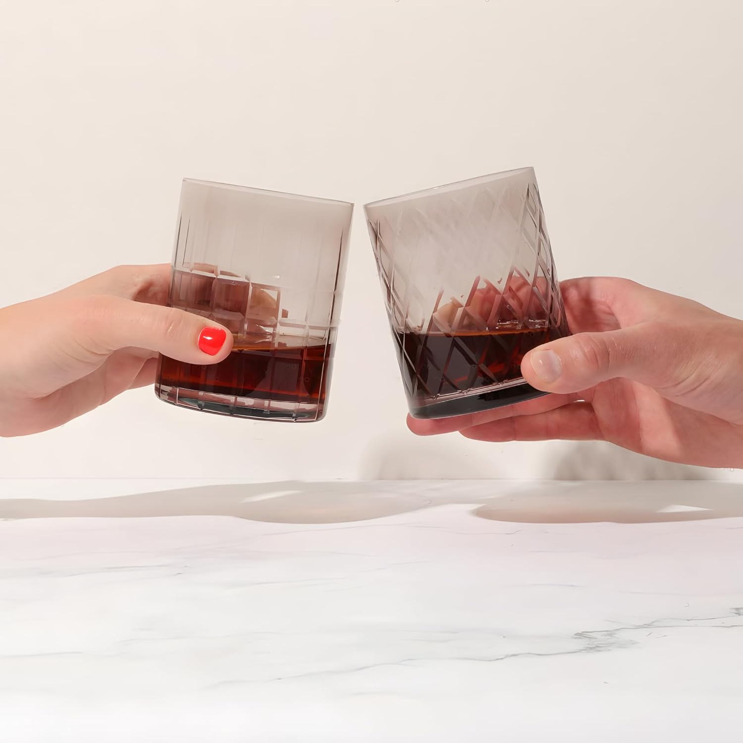 Saludi Smokey Sand Etched Old Fashioned Glasses - Set of 4 Hand Blown Whiskey Rocks Glasses - 13 oz - Thick Weighted Base - Gift Ready