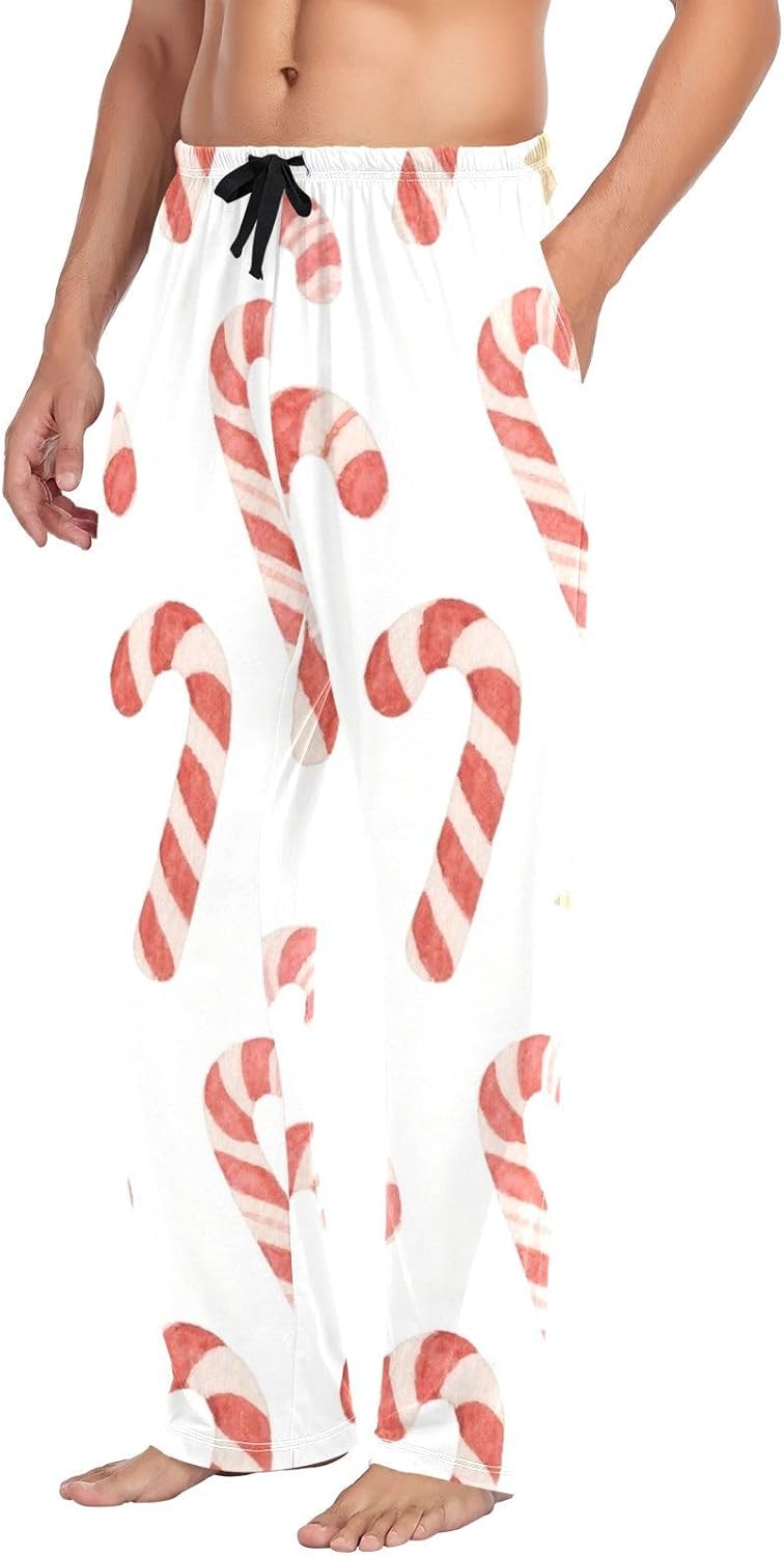 susiyo Christmas Pattern Candy Cane Mens Pajama Pants Loose Fit Thin Pj Bottoms for Men