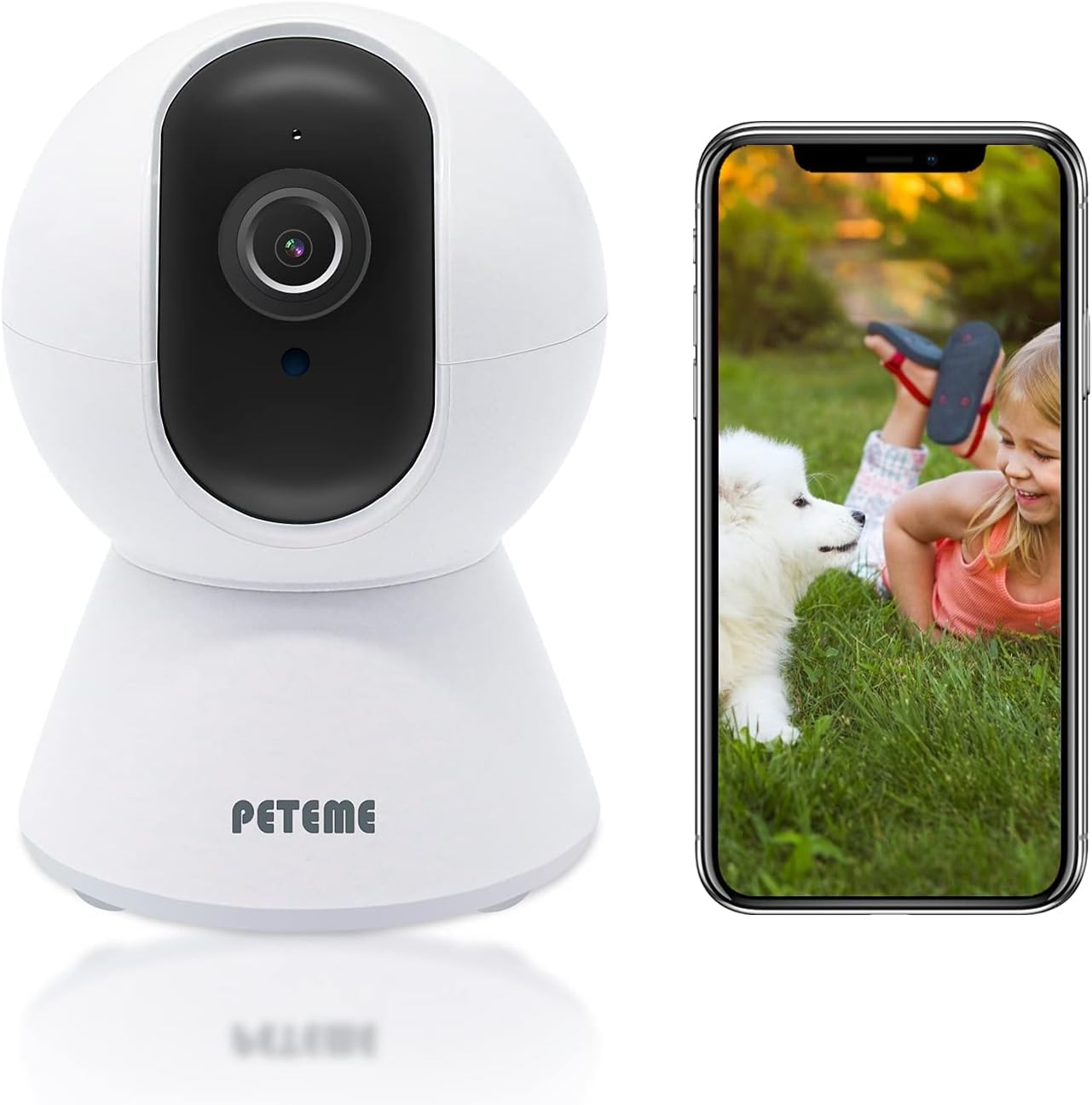 Peteme Baby Monitor next to a smartphone displaying a live feed of a child and a dog.