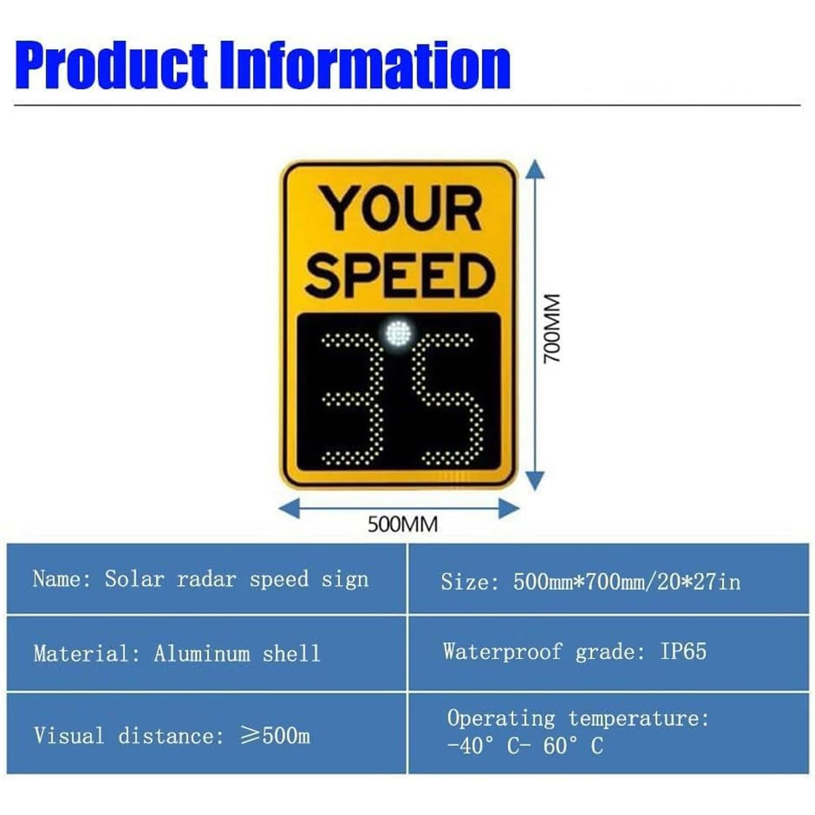 Señal De Límite De Velocidad con Radar Solar, 20" X 28", Señal De Retroalimentación De Radar, IP65 Resistente Al Agua, 500 M De Visibilidad, Velocímetro De Radar para Carreteras Y Calles