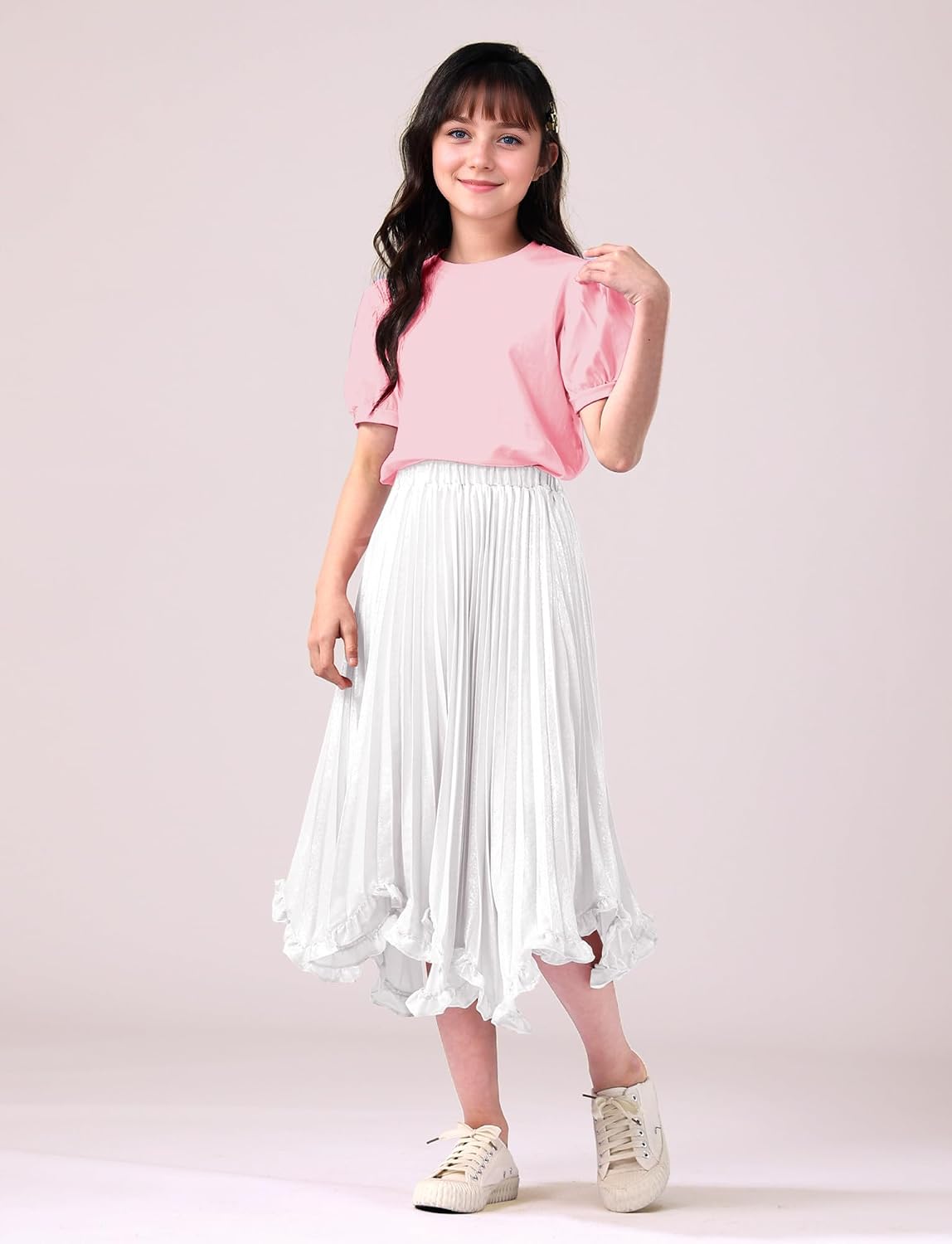Happy Cherry Girls Glossy Pleated Skirt Elastic Waist Ruffle Skirts Chiffon Long Skirt 4-16 Years