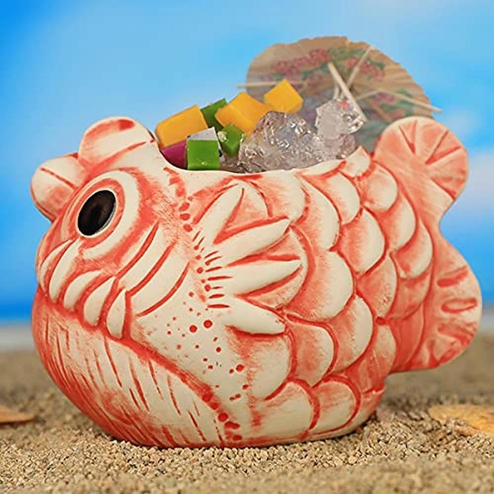 Tiki Tassen, Fisch-Cocktailbecher, 650 ml, Set mit 2 kreativen roten Tiki-Gläsern, Bar, große Keramik, hawaiianisches Thema, tropische Barware für Party, Barzubehör