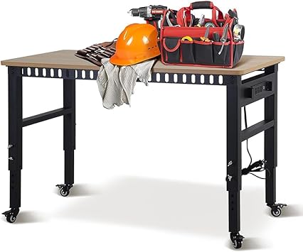 48 Workbench for Garage, Adjustable Height Hardwood Workbench with Wheels, Power Outlet 2000 LBS Load Capacity for Home, Office, Workshop