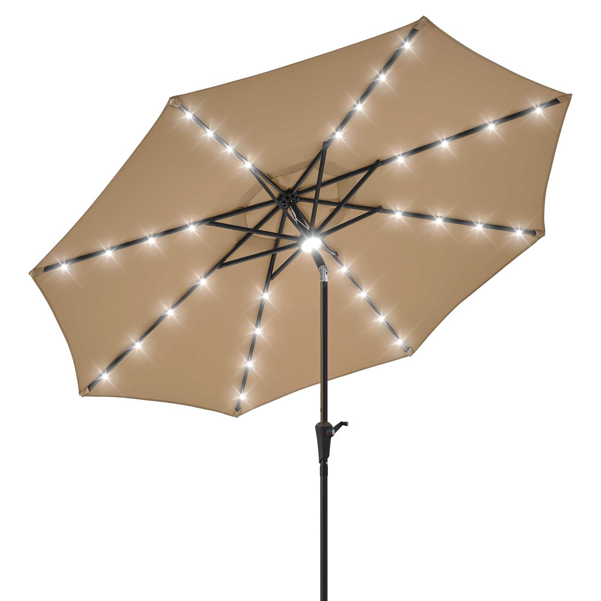 Sonnenschirm 300 cm mit LED Solar Beleuchtung, 8 Robuste Struts Terrassenschirm Knickbar, 7-Farben RGB Modus Gartenschirm mit Kurbel, UPF 50+ Wasserdicht für Balkon Pool