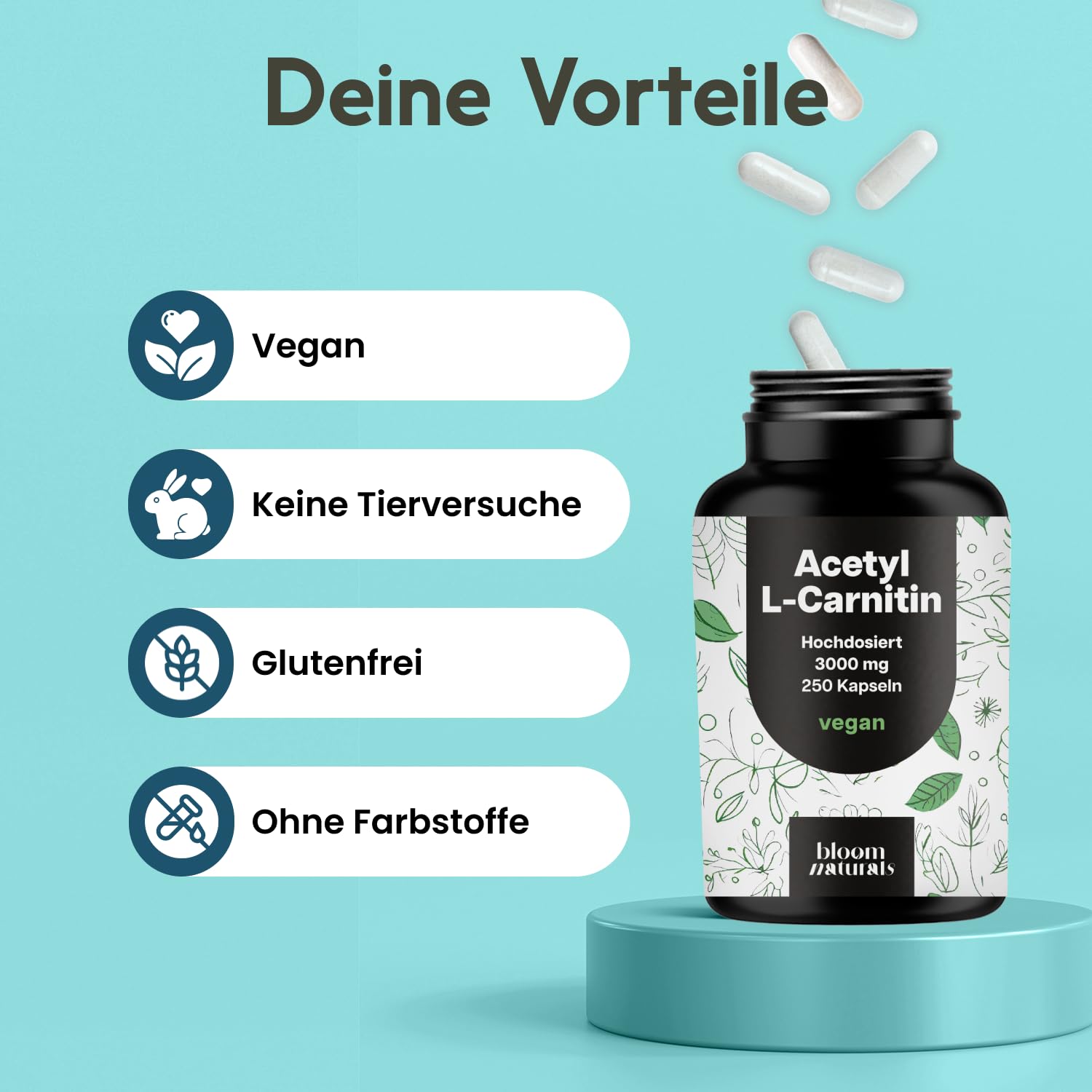 Acetyl-L-Carnitin – 500 mg pro Kapsel – 250 Kapseln – 3000 mg pro Tagesportion – Vegan – produziert in Deutschland - Acetyl L Carnitin Kapseln Hochdosiert - Verpackung kann variieren - Laborgeprüft