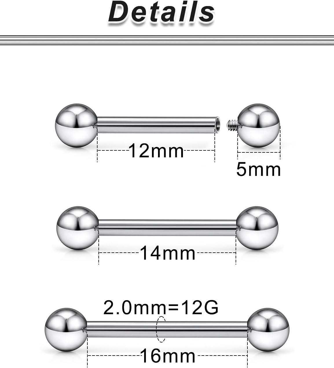 Ocptiy 16G 14G 12G Titanium Tongue Rings Nipple Piercings Externally/Internally Threaded G23 Hypaollergenic Nipple Tongue Barbells Piercing Jewelry for Women Men 12mm 14mm 16mm 19mm Bars - Image 2