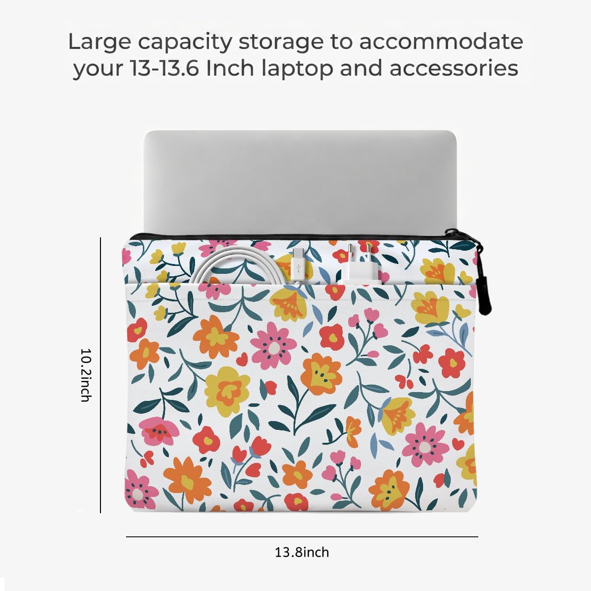13.3 inch Laptop Case, Vibrant Floral Print Laptop Sleeve, Soft Velvet Computer Sleeve with Pocket, Compatible with 13-13.3 Slim Laptops, Cottagecore Notebook Cover Bag, Gift for Women Birthday image 2