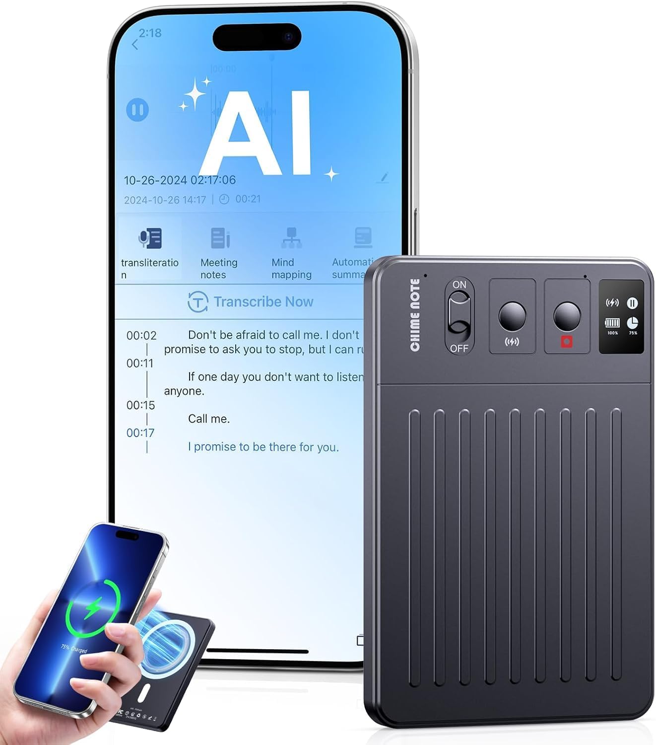 KI Digitales Diktiergerät - 64GB AI Voice Recorder, AI Zusammenfassung durch ChatGPT, Echtzeit Übersetzung 121 Sprachen Unterstützt, Drahtlose Aufladung, Audio Recorder für Vortrag/Meeting/Anruf