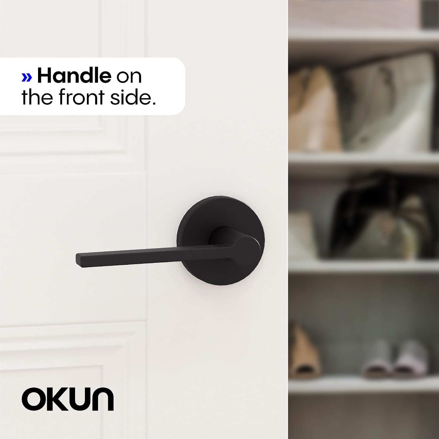 Okun Muse Passage Door Handle, Matte Black Door Lever 2-Pack – Non-Locking Reversible Interior Door Handles for Hallways & Closets, Sleek Concealed-Mount Modern Design