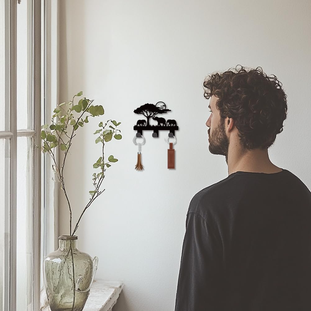 Elephant Family Tree Key Hooks Wall Mounted Mini Black Iron Key Holder for Wall Keys Rack with 3 Hooks Small Keys Hangers for Keychain Bag Dog Leash House Living Room Entryway Decorative
