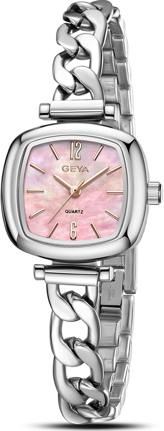 GeYa Dainty Silver Watches for Women Ladies Fashion Wristwatch for Small Wrist,Square Shape Stainless Steel Jewelry Bracelet,Quartz Movement,Water Resistant,Ready for Gifts