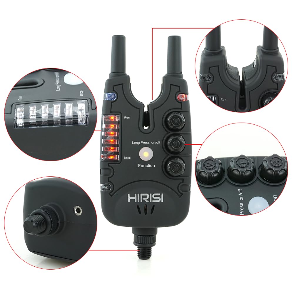 Hirisi Tackle Alarme de touche étanche pour pêche à la carpe avec 9 LED et réglage de la tonalité du volume et de la sensibilité, accessoires de pêche