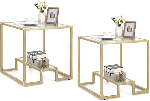 NAFORT Juego de 2 mesitas de noche de cristal mesa auxiliar cuadrada dorada para sofá con estante de almacenamiento vidrio templado y marco de metal