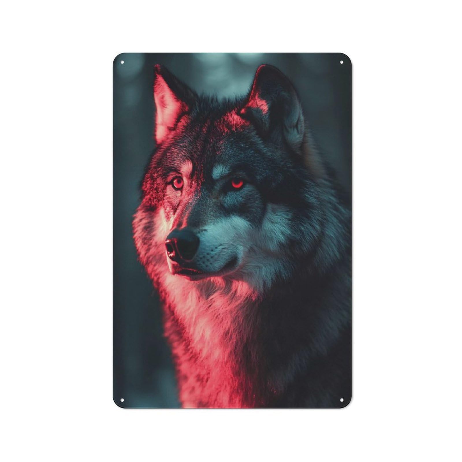 Junmoney Style-6 Tin Wall Plaque 30X20cm With Wolf Portrait With Red Lighting For Garage Wall, Suited To People Furnishing A Garage