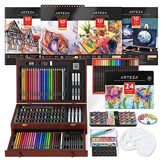 Arteza Mixed Media Art Set, Artist Drawing Kit Includes Colored & Watercolor Pencils, Woodless Graphite Pencils, Water-Soluble Oil Pastels, Watercolor Cakes, and More, Painting Set for Adults & Teens