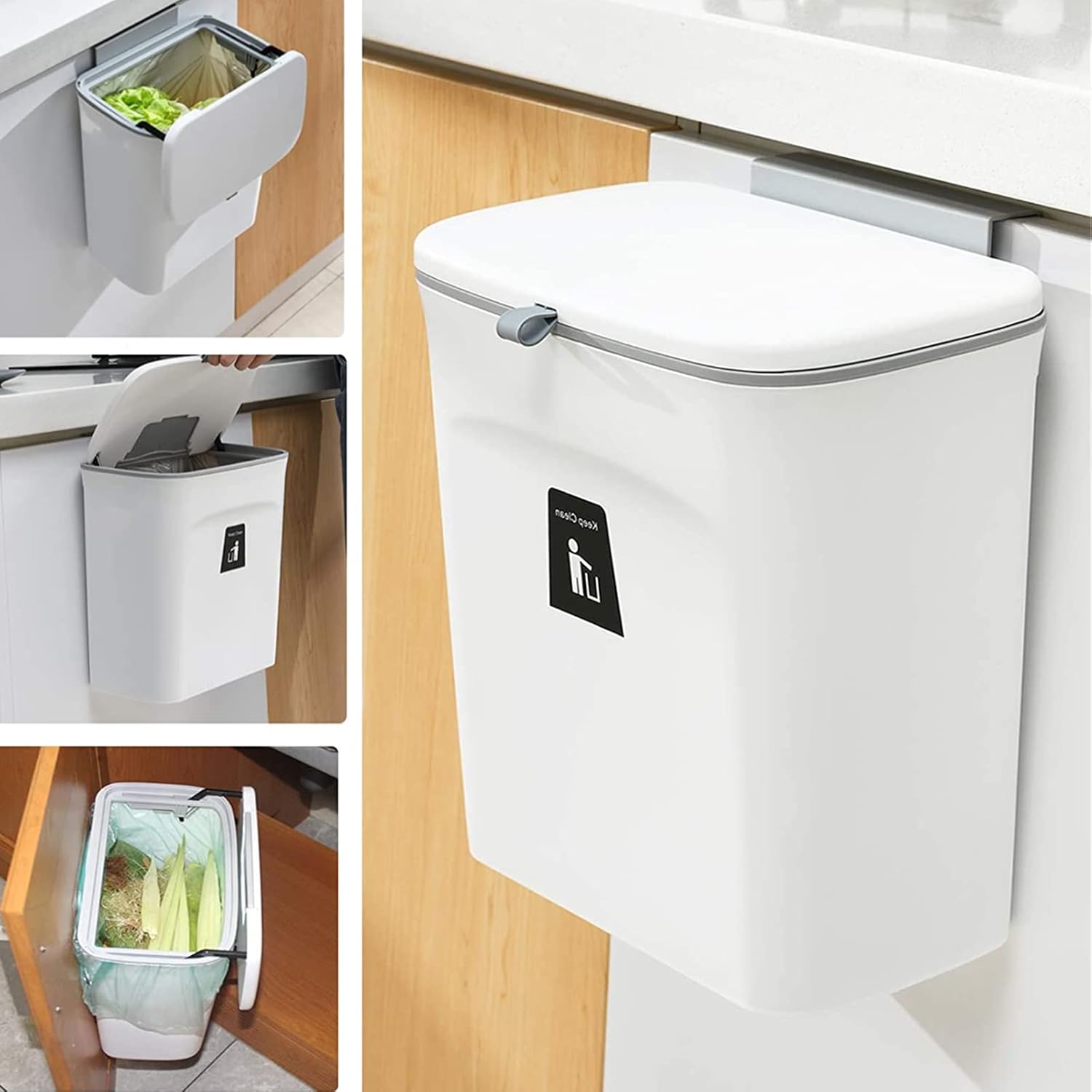 Sealed Kitchen Trash Bins,2.4 Gallon Kitchen Compost Bins Hanging Trash Cans with Lids Trash