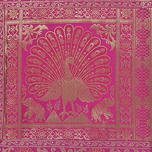 Pink & Golden Peacock Silk Table Runner Decorative Vintage Design Indian Boho Coffee Brocade Embroidered Rectangle Tablecloth for Bohemian Hippie Party Banquet Ethic Floral Design 60 X 18 Inch