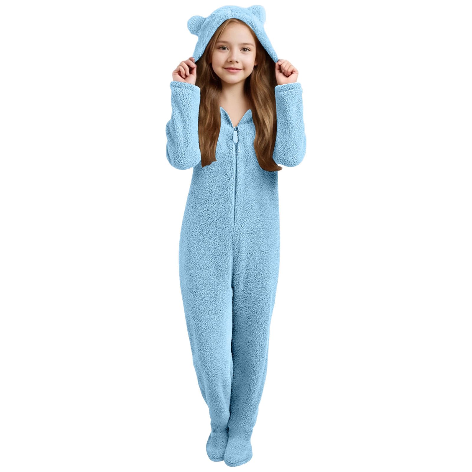 Girls Winter Warm Animal Onesie Fleece Fuzzy Sherpa Jumpsuit with 3D Hood