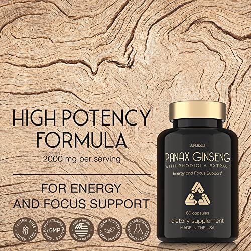 Panax Ginseng And Rhodiola Rosea 2000Mg - Korean Ginseng High Strength 60 Capsules - Herbal Supplement For Men & Women - Energy Complex With Ginseng Root Extract Standardized 7% Ginsenosides - Us Made #TOP1