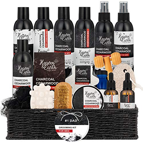 #1 Dad Gift Basket for Father! 20 PC Luxury Men's Gift Set. Charcoal Cedarwood Natural Bath & Body Bath Gift Set for Men Shaving and Skincare Basket. Best Dad Gift Set & Beard Kit!