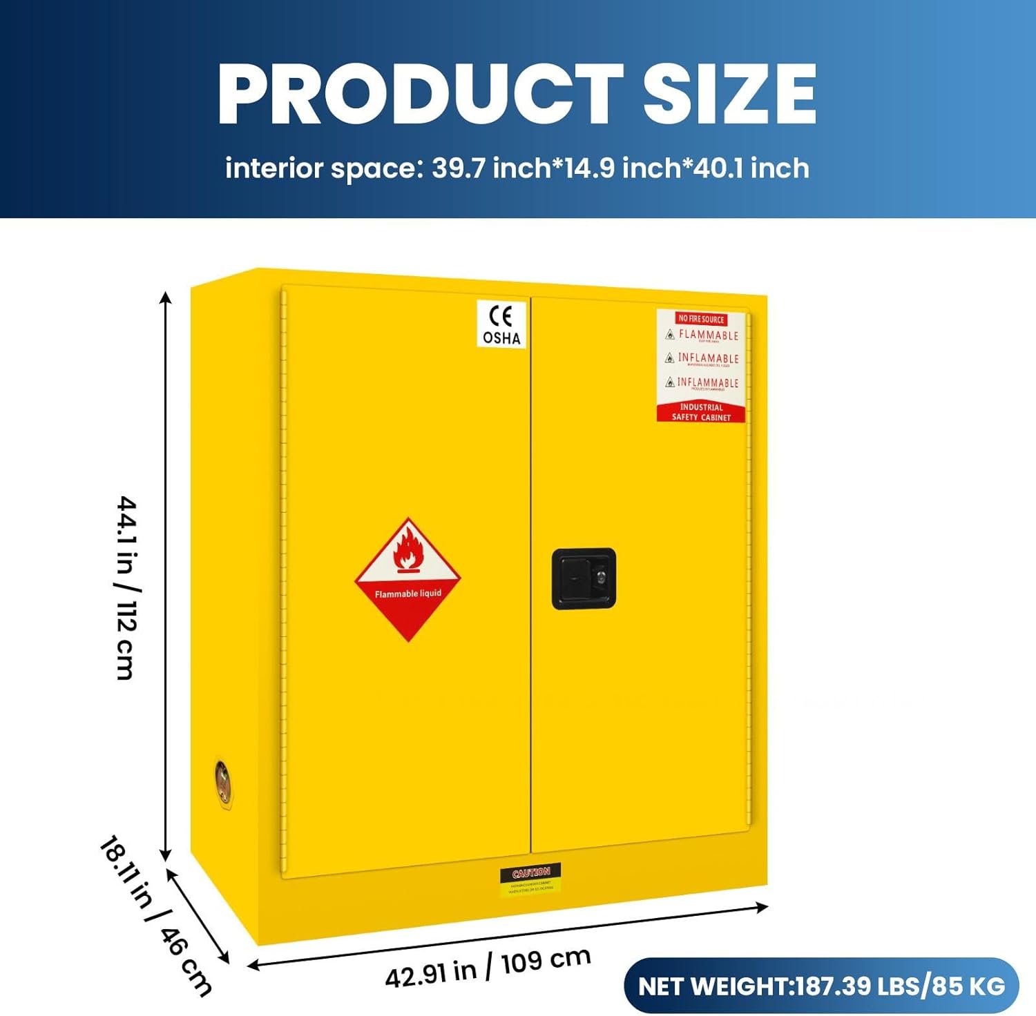 Flammable Safety Cabinet, 30 Gallon Flammable Storage Cabinet, 44.1" H x 42.91" W x 18.11" D Galvanized Steel with Adjustable Shelf for Garage and Workshop