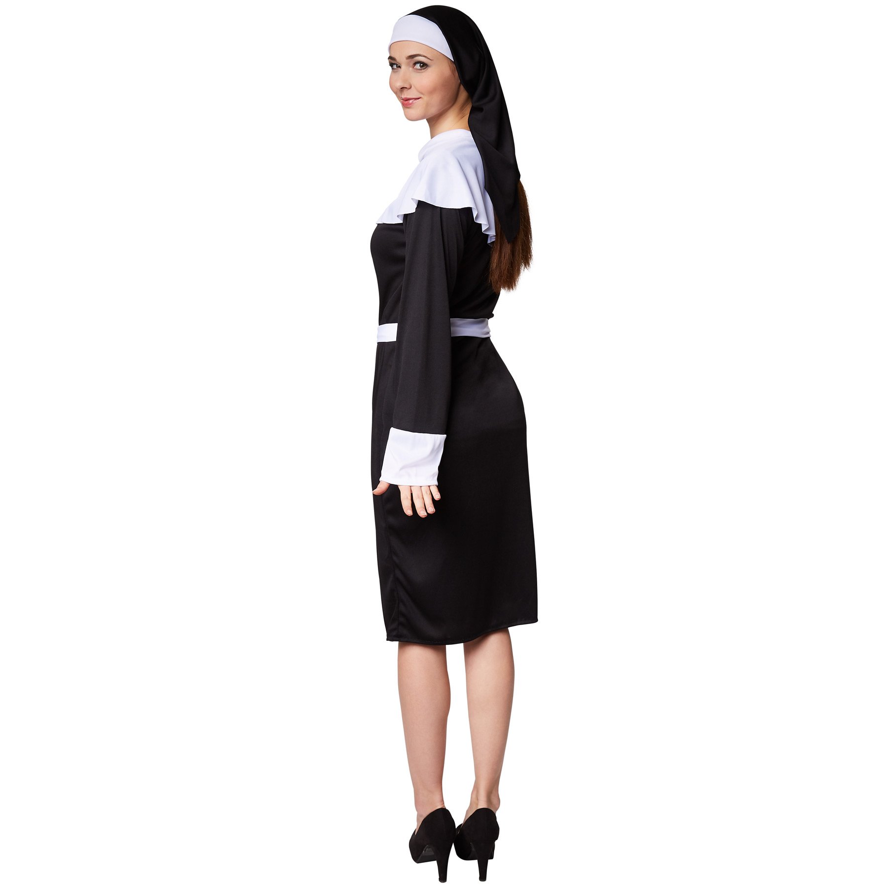 Tectake Dressforfun Nonnenkostüm Damen – Schwarzes Jersey-Kleid Mit Kopfbedeckung & Bindegürtel (Größe M) – Auch Für Zombie-Halloween