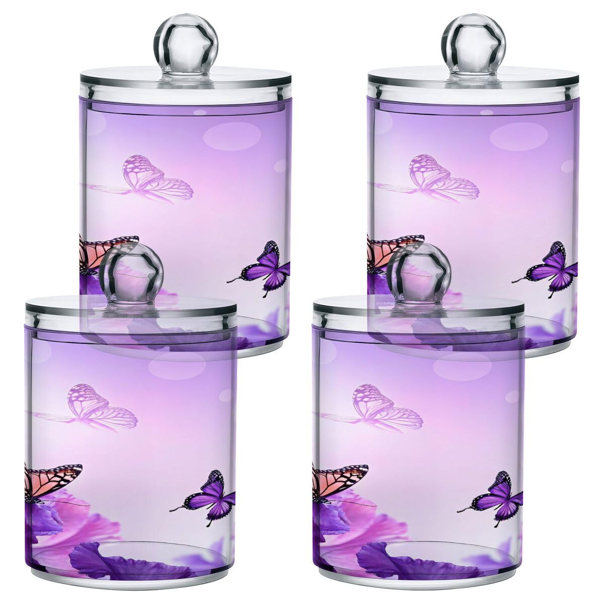 Violetter Schmetterlings-Qtip-Halter, 400 ml, Apothekergläser, Badezimmer-Organizer, Behälter für Qtips, Wattestäbchen, Wattebälle, Kosmetik-Pads, Flossers, Badesalz, 2 Stück