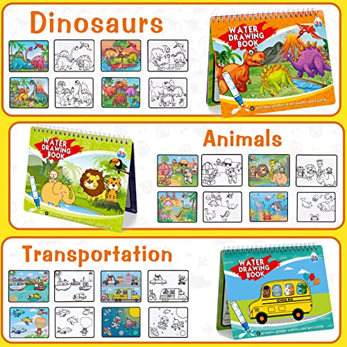 3 Pack Water Coloring Book Paint With Water Books For Toddlers Kids Mess Free Reusable Water-Reveal Activity Pads Travel Educational Toys For Boys Girls (Dinosaur & Animal & Transportation) #TOP1