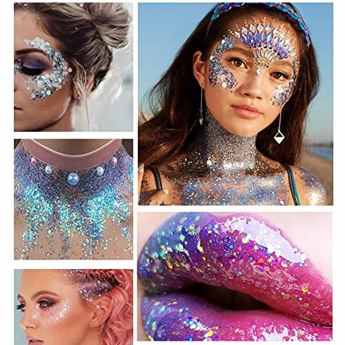 Yeweian White Face Body Glitter Gel, Liquid Holographic Chunky Glitter Singer Concerts Music Festival Rave Accessories, Mermaid Lip Eye Nails Hair Body Glitter Makeup, 50G (06 White) #TOP6
