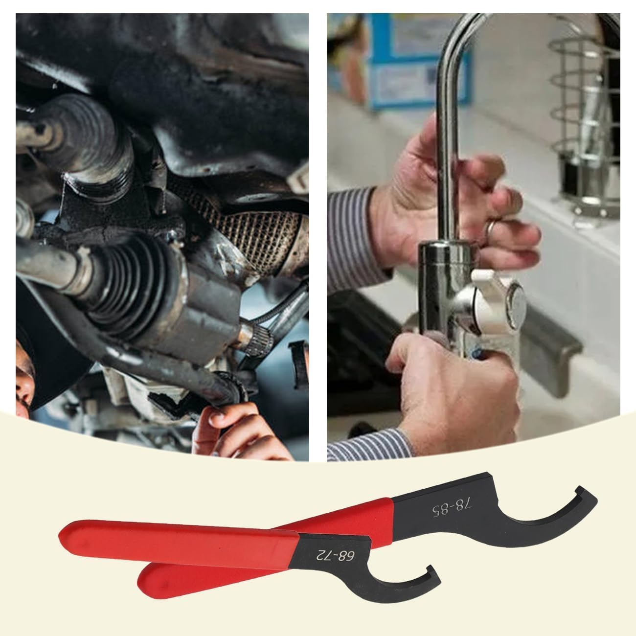 Juego de 9 llaves inglesas de acero al carbono en forma de C, herramienta de gancho ajustable para la mayoría de coches y motocicletas (rojo)