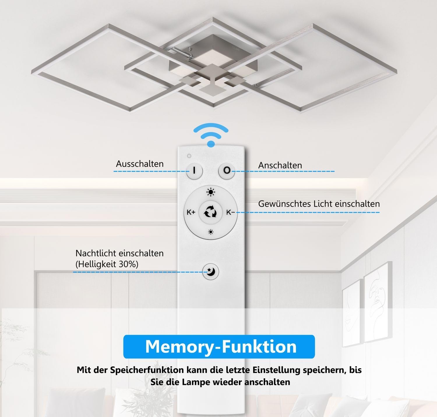 IMPTS LED Deckenleuchte Eckig Dimmbar Deckenlampe 34W Modern Wohnzimmerlampe Metall Deckenbeleuchtung mit Fernbedienung 3000-6500K fur Schlafzimmer Wohnzimmer Küche Flur Balkon
