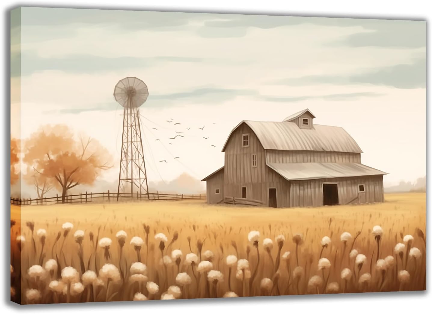 Vintage Farmhouse Canvas Wall Art, Old Barn and Wild Flowers on Wood Poster Print Rustic Landscape Painting Picture for Living Room Bedroom Decor(Artwork-01, 18"x12")