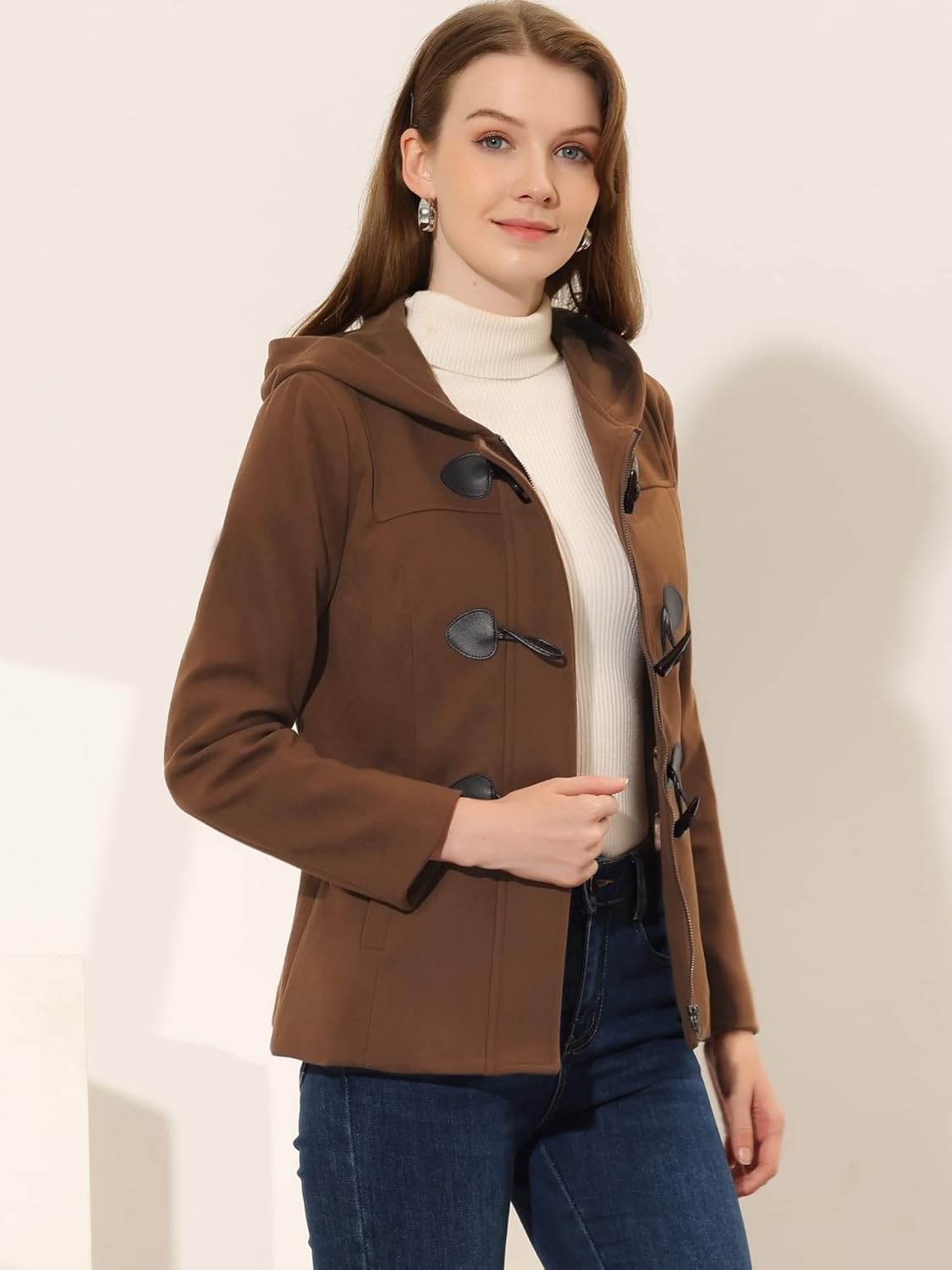 Allegra K Women's Casual Winter Outwear Hooded Button Peacoat Toggle Duffle Coat