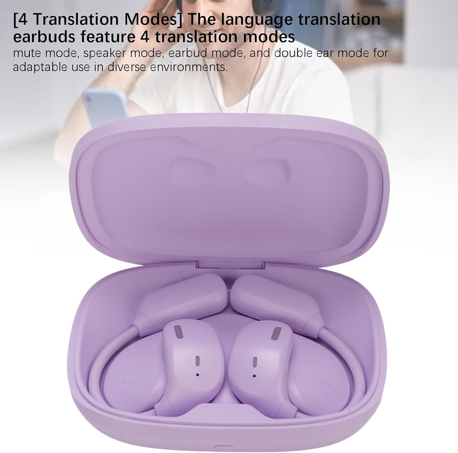 Yunseity LX-80 Earbuds in case with text describing 4 translation modes