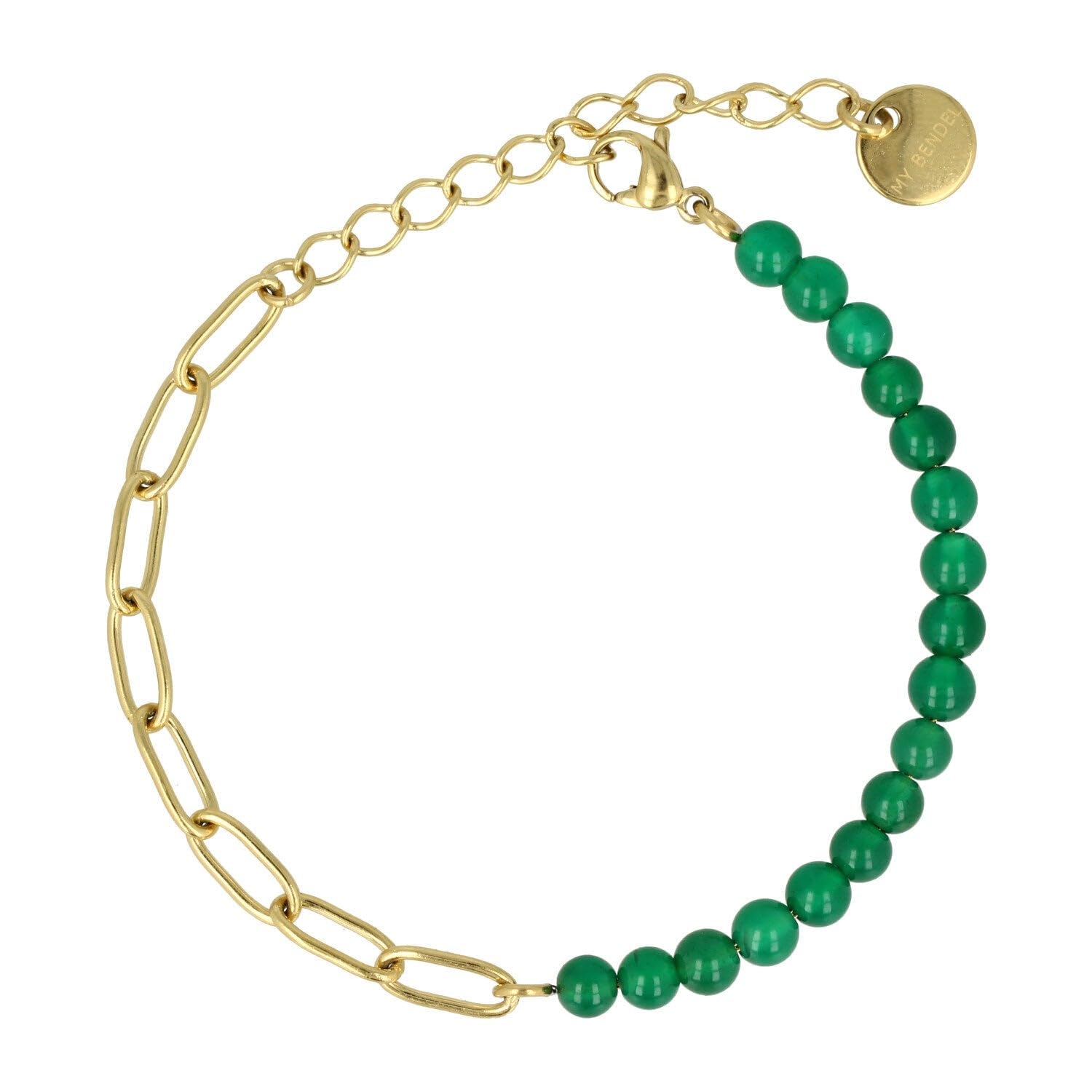 My Bendel - Combi Gliederarmband Gold Grüner Achat Edelstein- Stylisches Gliederarmband kombiniert mit echten Edelsteinen - Bleibt schön und Verfärbt nicht - mit Luxuriösen Geschenkverpackung