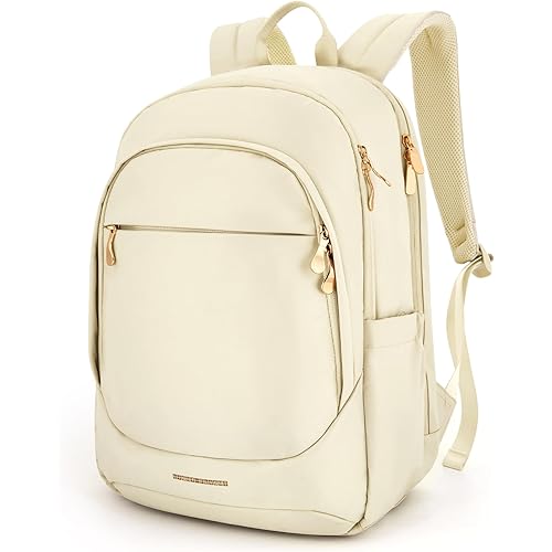 LIGHT FLIGHT Travel Laptop Backpack for Women, 15.6 Inch Backpack with USB Charging Hole, Water Resistant College Bookbag, Large Capacity Black Computer Backpacks for Work, Warm Beige