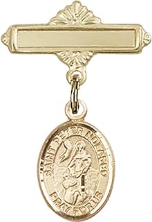 14kt Yellow Gold Baby Badge with St. Peter Nolasco Charm and Polished Badge Pin 1 X 5/8 inches