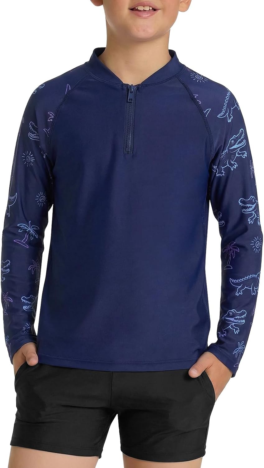 Boys Raglan Long Sleeve Rash Guard Swim Shirt Kids Quarter Zip UPF 50+ Sun Shirt 5-14 Years